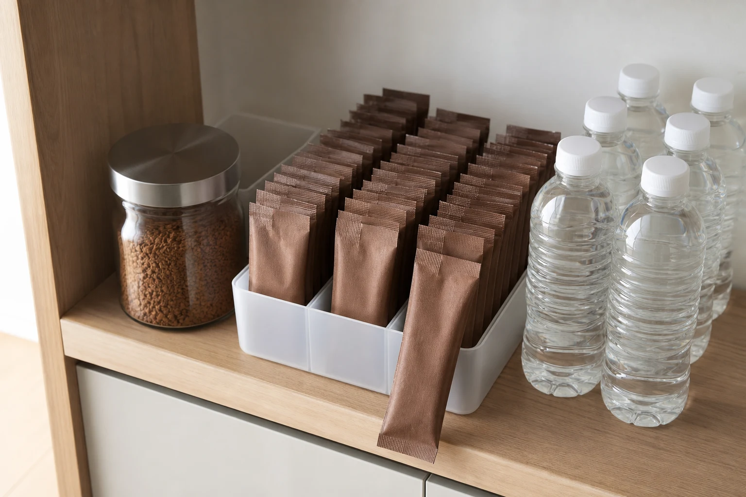 ローリングストックで並べたコーヒーと水の備蓄